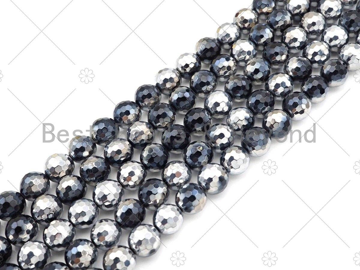 NEW!!! Natural Half Silver Plated Black Onyx Beads, 8mm/10mm/12mm Round Faceted Silver Black Onyx Beads, 15.5" Full Strand, Sku#UA210