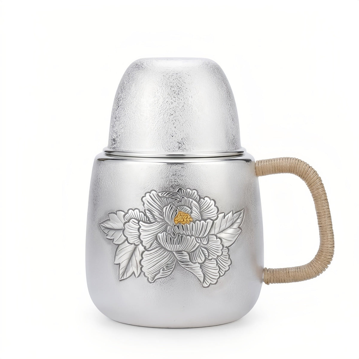 925 Sterling Silver Silver Peony Tea Vessel with Natural Rattan Handle and Floral Relief - Handicraft
