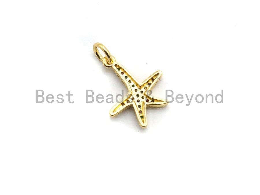 CZ Colorful Micro Pave Starfish Pendant, Starfish ar Shaped Pave Pendant, Gold plated, 13x15mm, Sku#F686