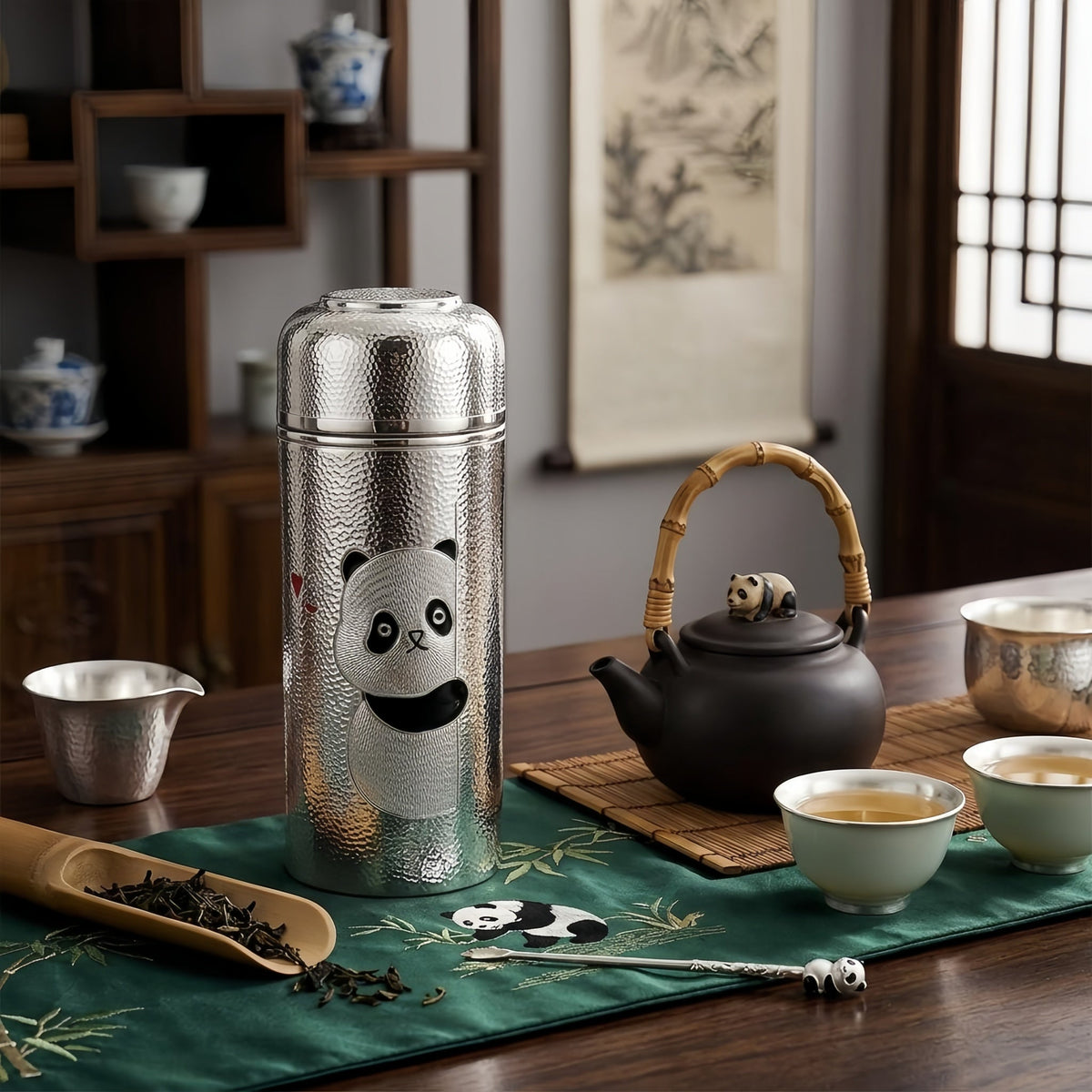 925 Sterling Silver Artistic Hammered Silver Vacuum Flask Featuring a Cute Peeking Panda Design - Handicraft