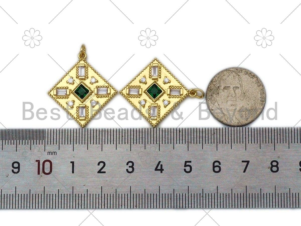 Baguette CZ Micro Pave Rhombus Shape Pendant/Charm, 18K Gold Filled Green CZ Charm,Necklace Bracelet Charm Pendant,28x25mm,Sku#L582