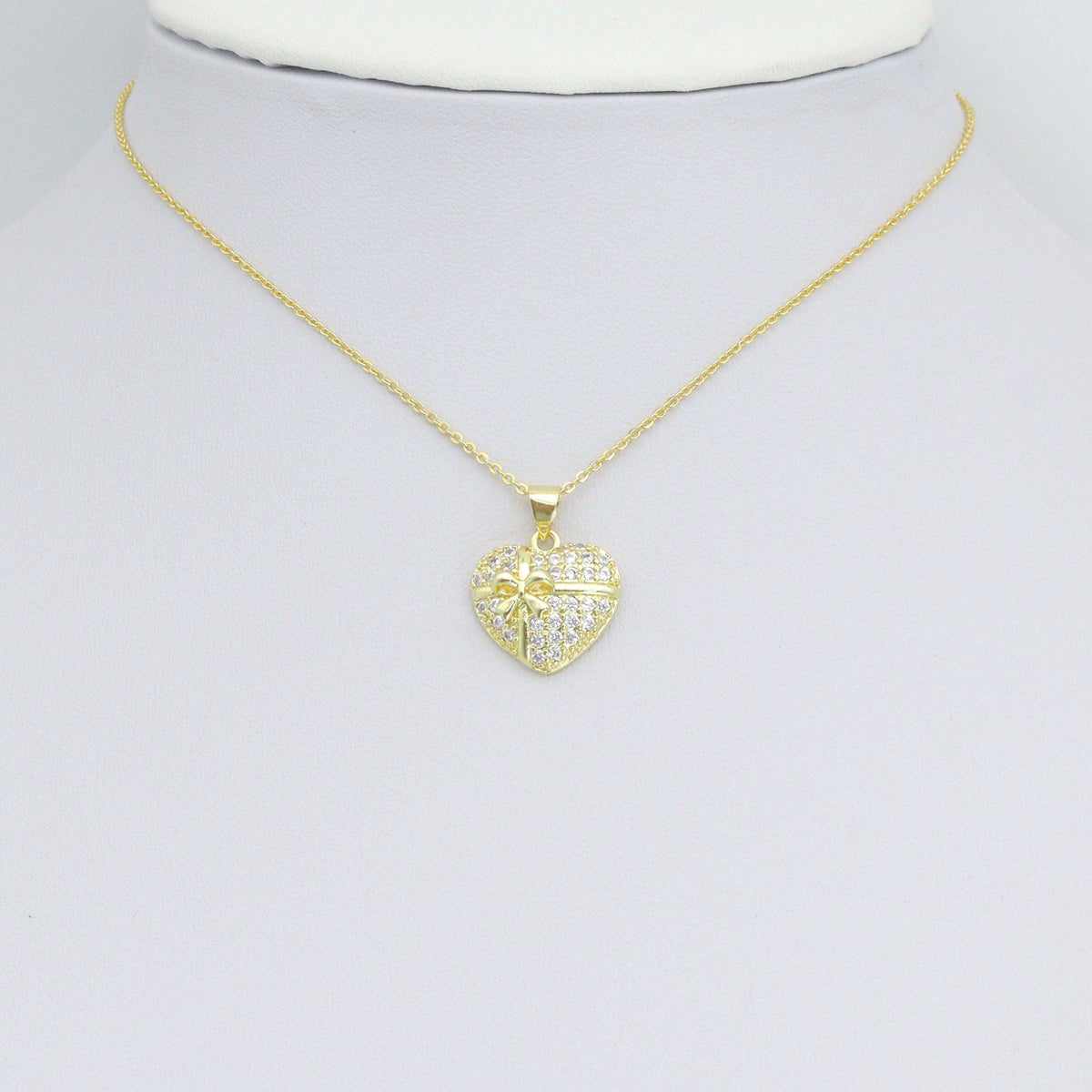 Clear CZ Gold Bow Ribbon Heart Charm Pendant, Sku#LK1139