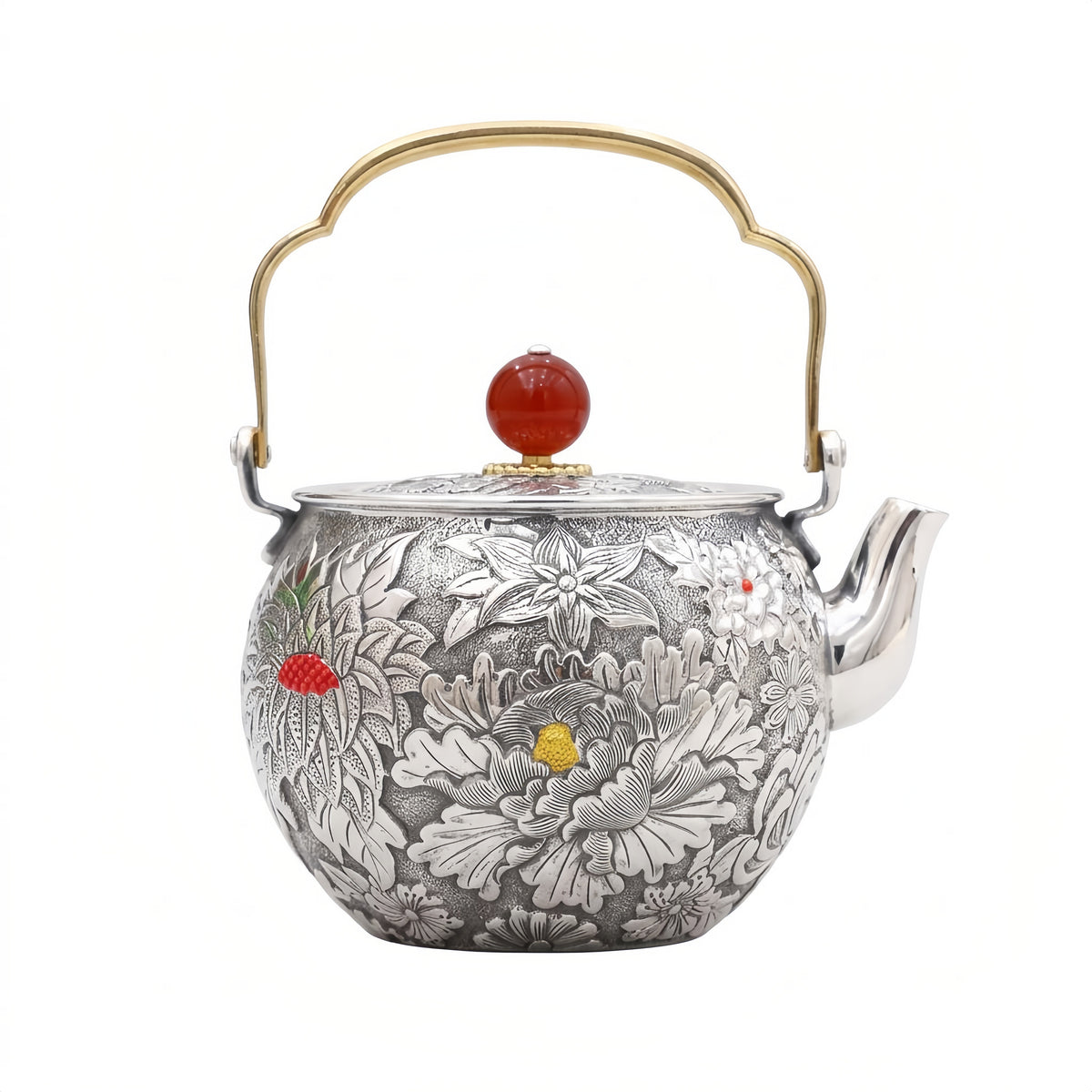 Pure 999 Fine Silver Ornate Handcrafted Silver Tea Kettle Featuring Detailed Floral Engravings and Red Gemstone Lid - Handicraft