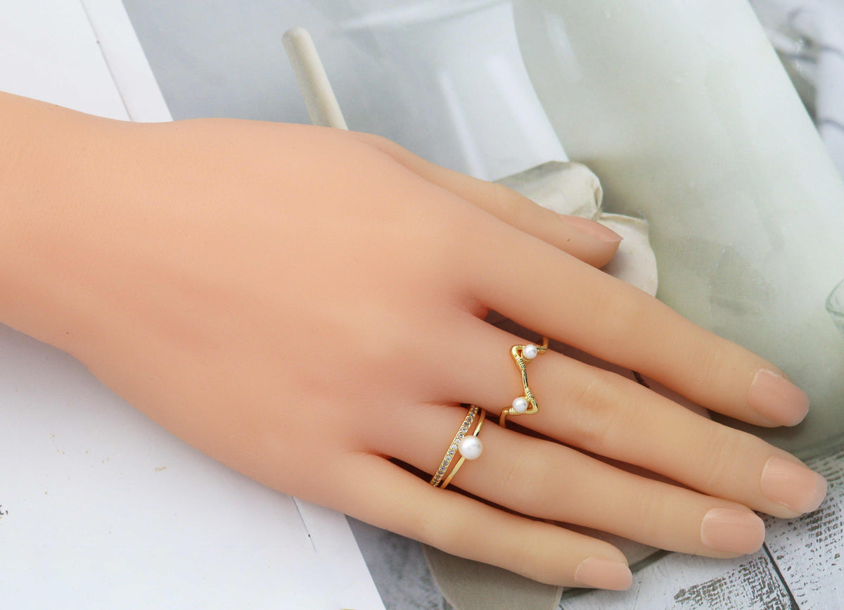 CZ Pave Zig Zag double line Pearl Adjustable Ring, Sku#LD306