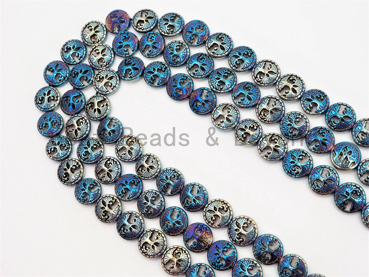 NEW Style Coin Shape Peace Tree Pattered Hematite 12mm Beads, Blue/Green/Rainbow Color Hematite, 15inch FULL Strand, SKU#U428