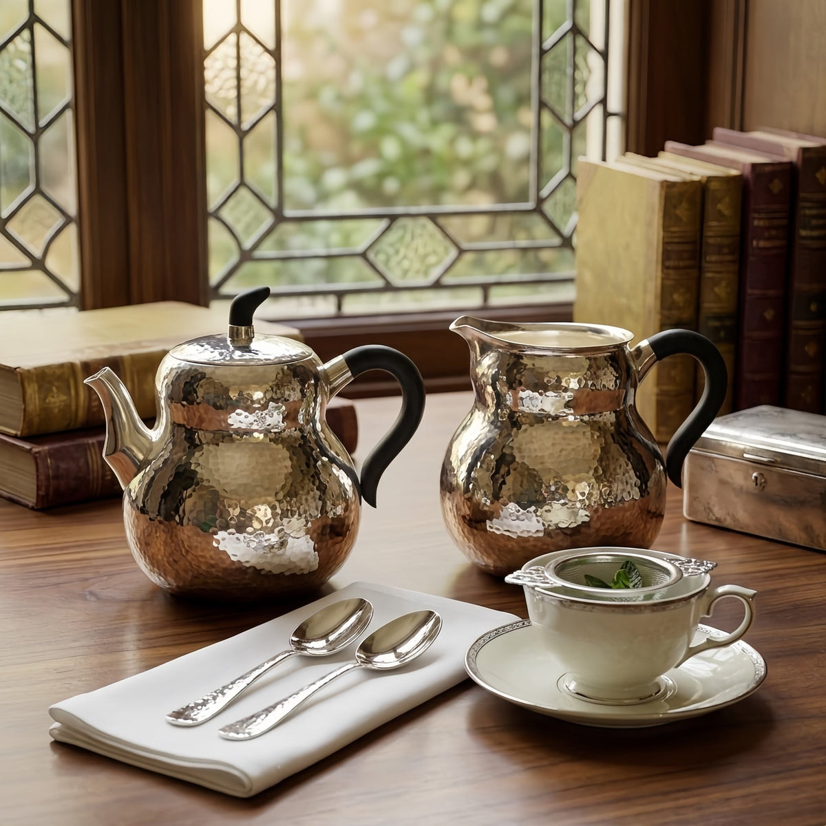 Pure 999 Fine Silver Hand-Hammered Silver Teapot and Creamer Set with Sleek Black Handles and Warm Metallic Accents - Handicraft