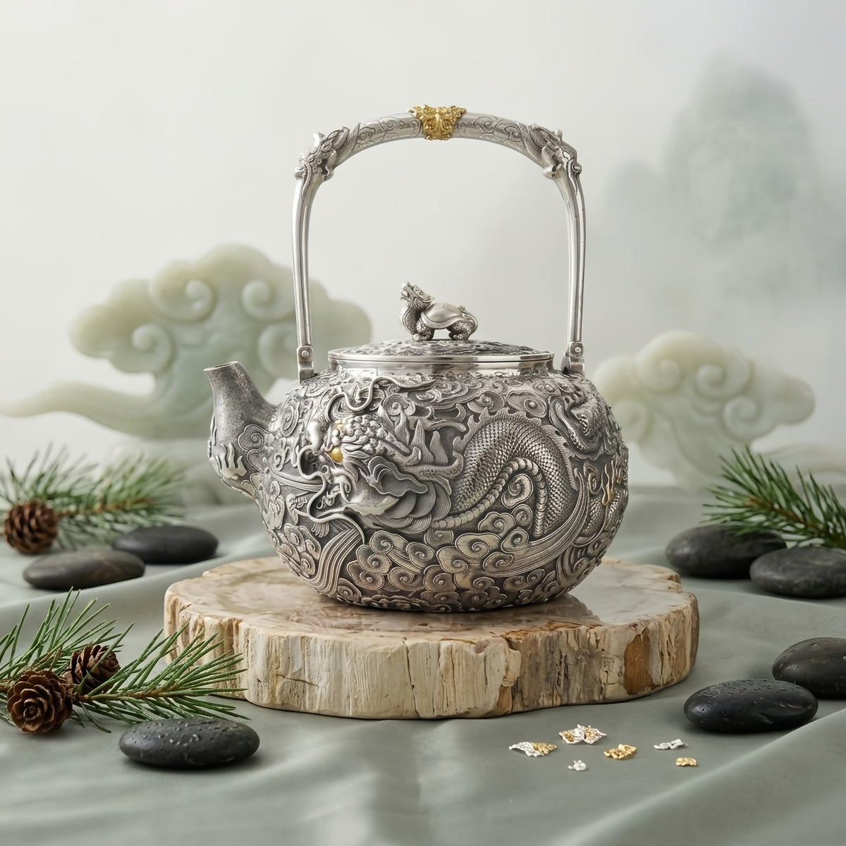 Pure 999 Fine Silver Elaborate Hand-Carved Silver Teapot with Majestic Dragon Motif and Ornate High Handle - Handicraft