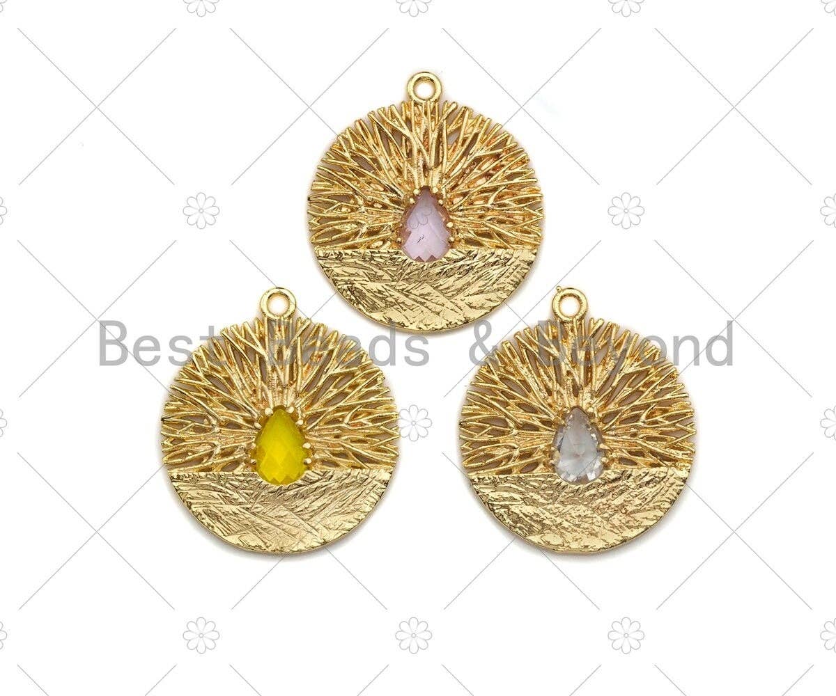 Filigree Round Gold Lacy Charm with Centered Colored Gemstone, Brushed Gold Charm, Twisted Wire Pendant, 19mm, sku#CP15