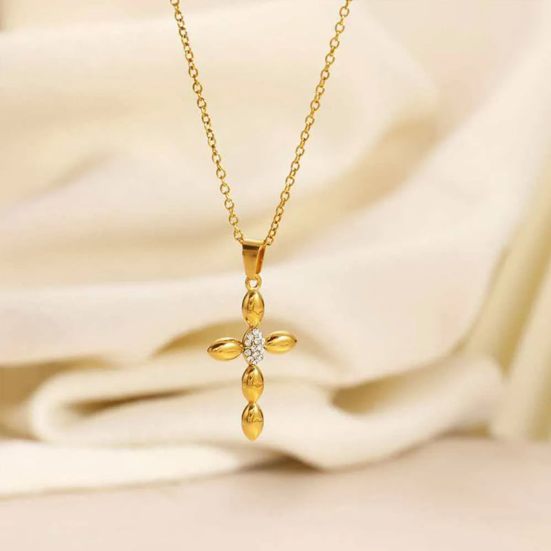 Stainless Steel Inlaid Rhinestone Cross Pendant Necklace
