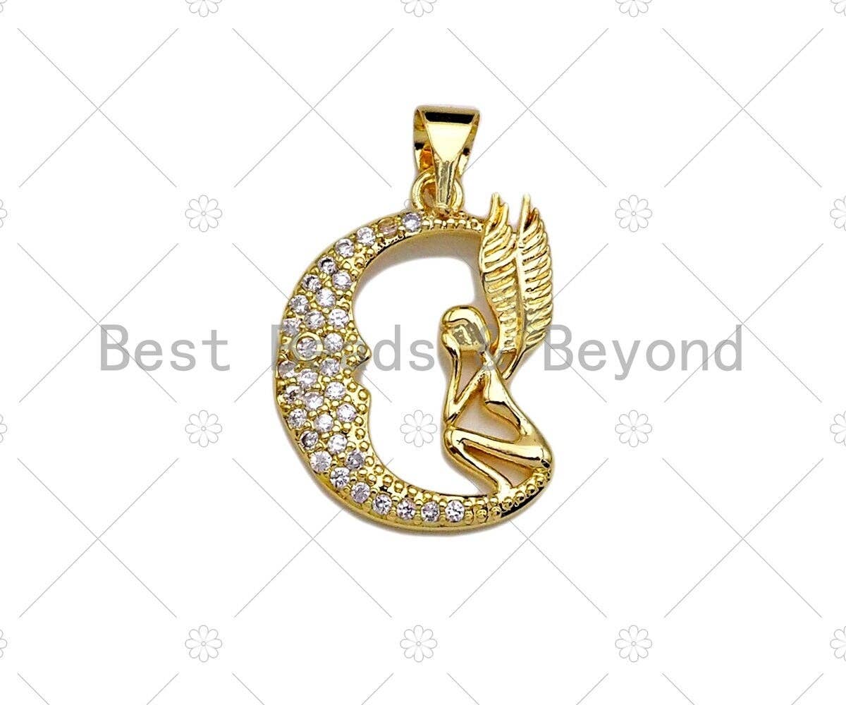 CZ Micro Pave Angle On Cresent Moon Pendant/Charm,Cubic Zirconia Charm, Necklace Bracelet Charm Pendant,16x20mm, Sku#JL17