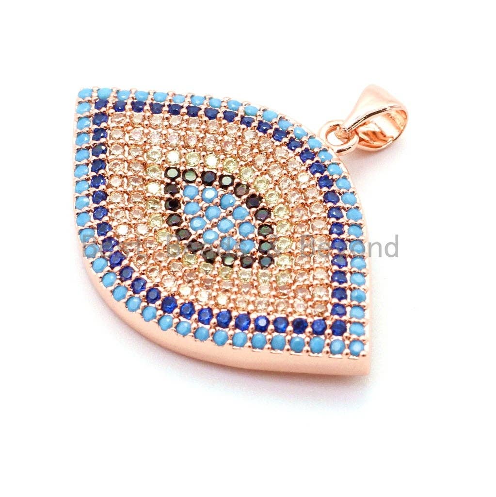 CZ Micro Pave Turquoise Cobalt Marquise Evil Eye Pendant, Cubic Zirconia Pendant,32x28mm, sku#F30