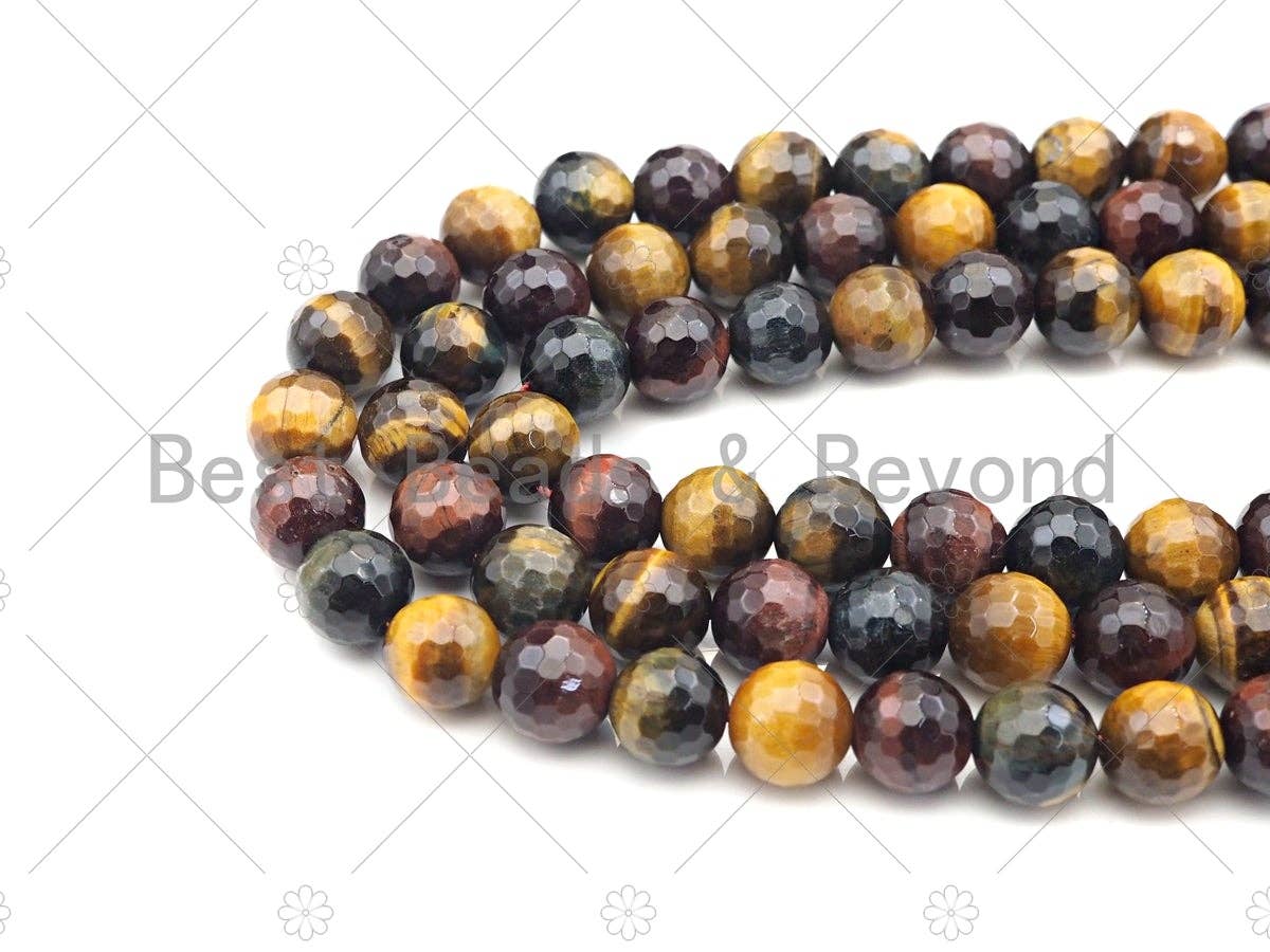 Quality Natural Red Yellow Blue Round Faceted Tiger Eye, Mixed Color Tiger Eye, 6mm/8mm/10mm/12mm Tiger Eye,15.5" Full Strand, sku#UA188