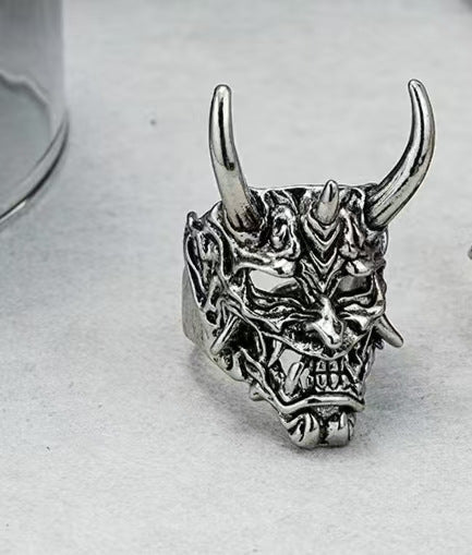 Vintage Silver Oni Hannya Mask Ring, Gold Horns Demon Skull Adjustable Band, Gothic Punk Biker Ring For Men