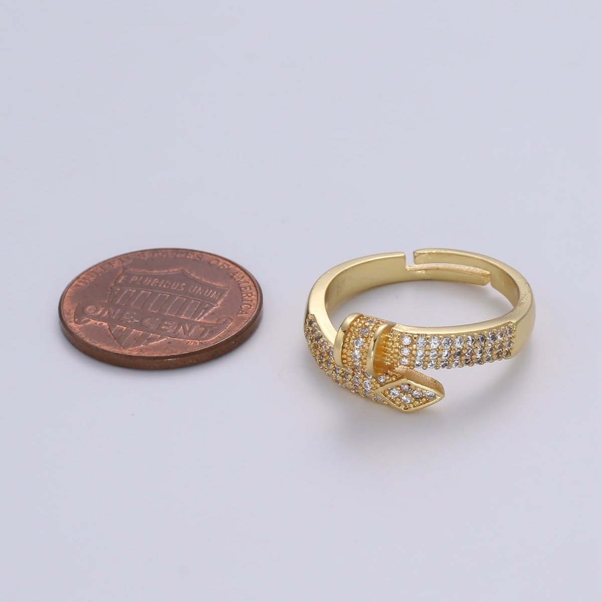 1pc CZ Pave Spiral 24K Ring, Diamond Cut Buckle Cubic Adjustable Gold Curb Ring, Simple Overlap Ring, Clear Cubic Zirconia R537