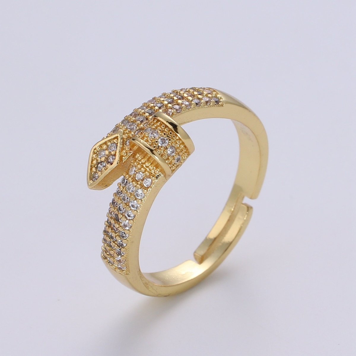 1pc CZ Pave Spiral 24K Ring, Diamond Cut Buckle Cubic Adjustable Gold Curb Ring, Simple Overlap Ring, Clear Cubic Zirconia R537