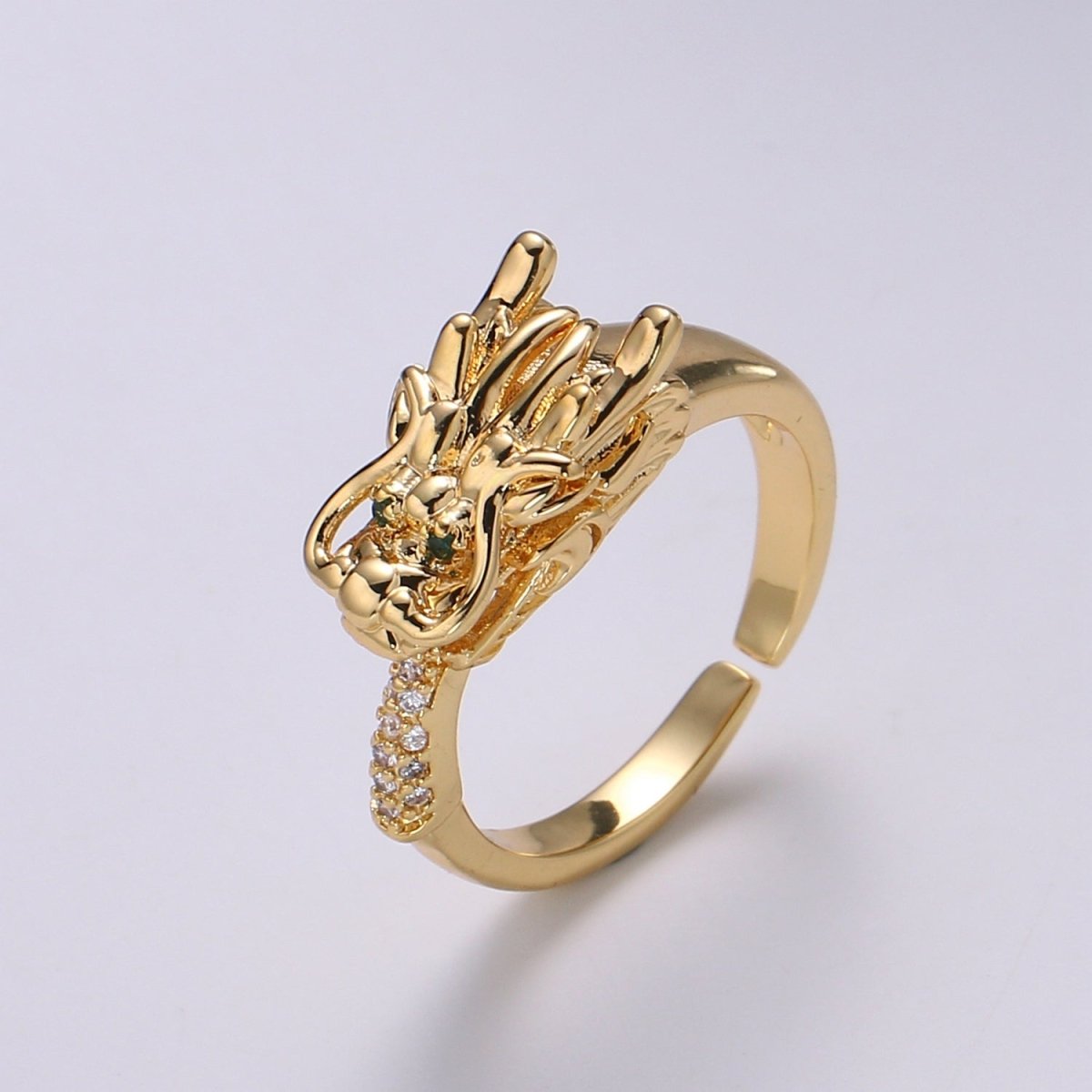 1pc Dragon Ring CZ Pave 24K Gold Ring, Animal Adjustable Gold Curb Ring, Bold Asian Dragon Ring, R-434