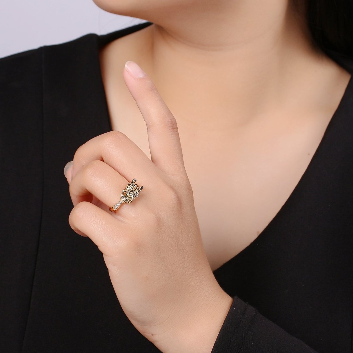 1pc Dragon Ring CZ Pave 24K Gold Ring, Animal Adjustable Gold Curb Ring, Bold Asian Dragon Ring, R-434