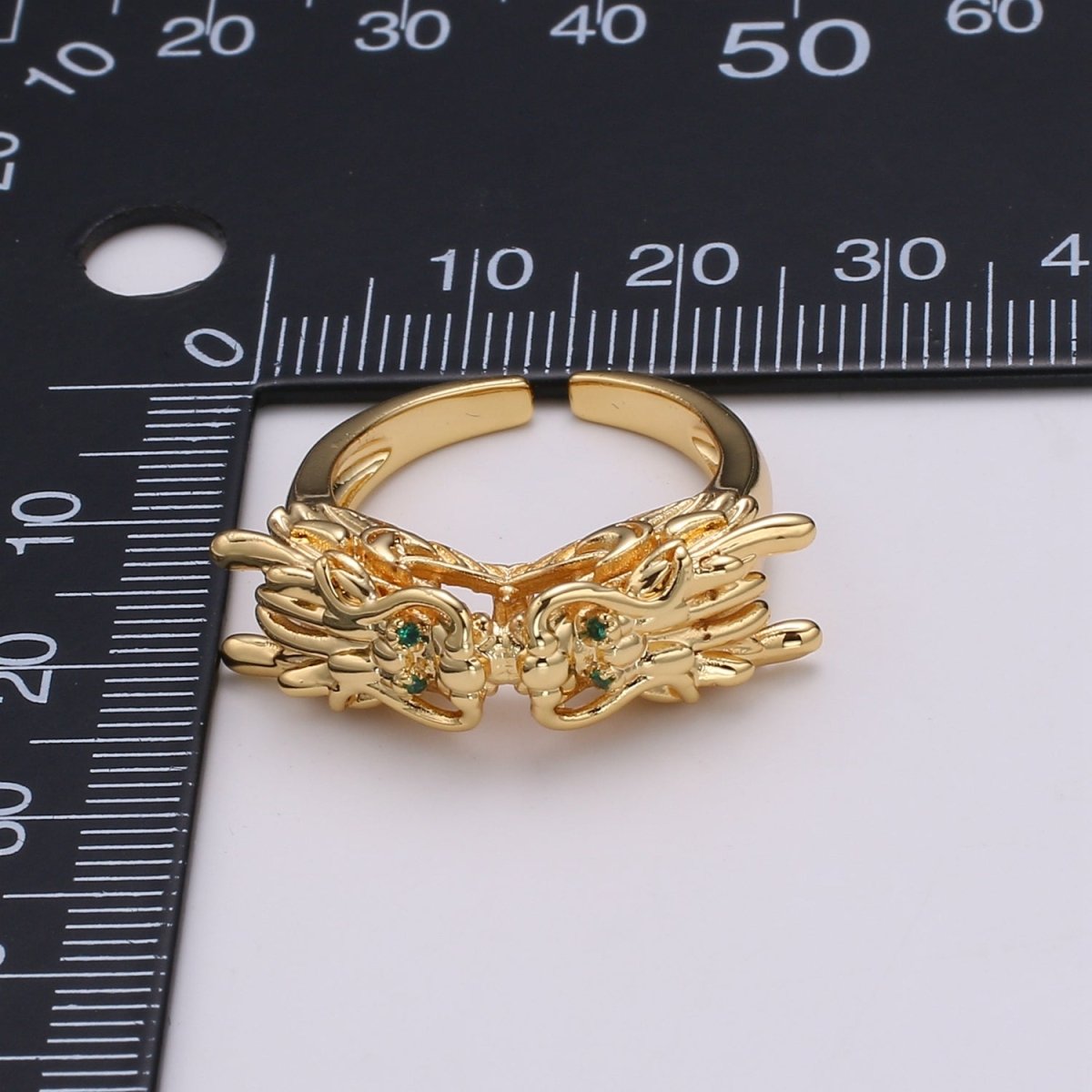 1pc Twin Dragon CZ Pave 24K Gold Ring, Green Eye Dragon Adjustable Gold Ring, Bold Animal Ring, R-435