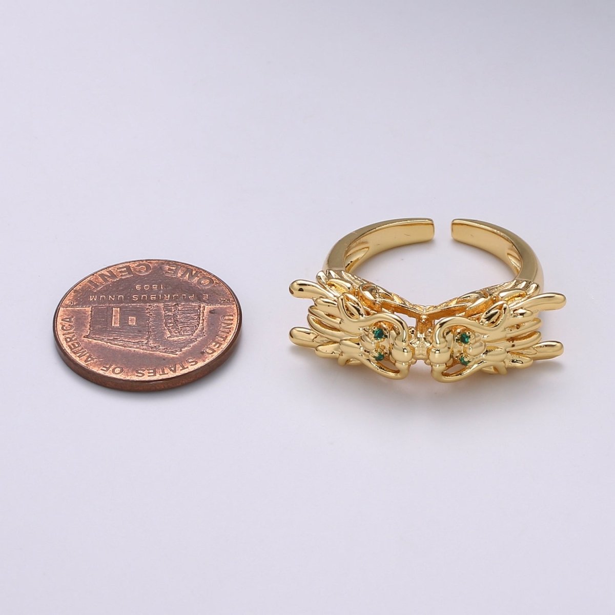 1pc Twin Dragon CZ Pave 24K Gold Ring, Green Eye Dragon Adjustable Gold Ring, Bold Animal Ring, R-435