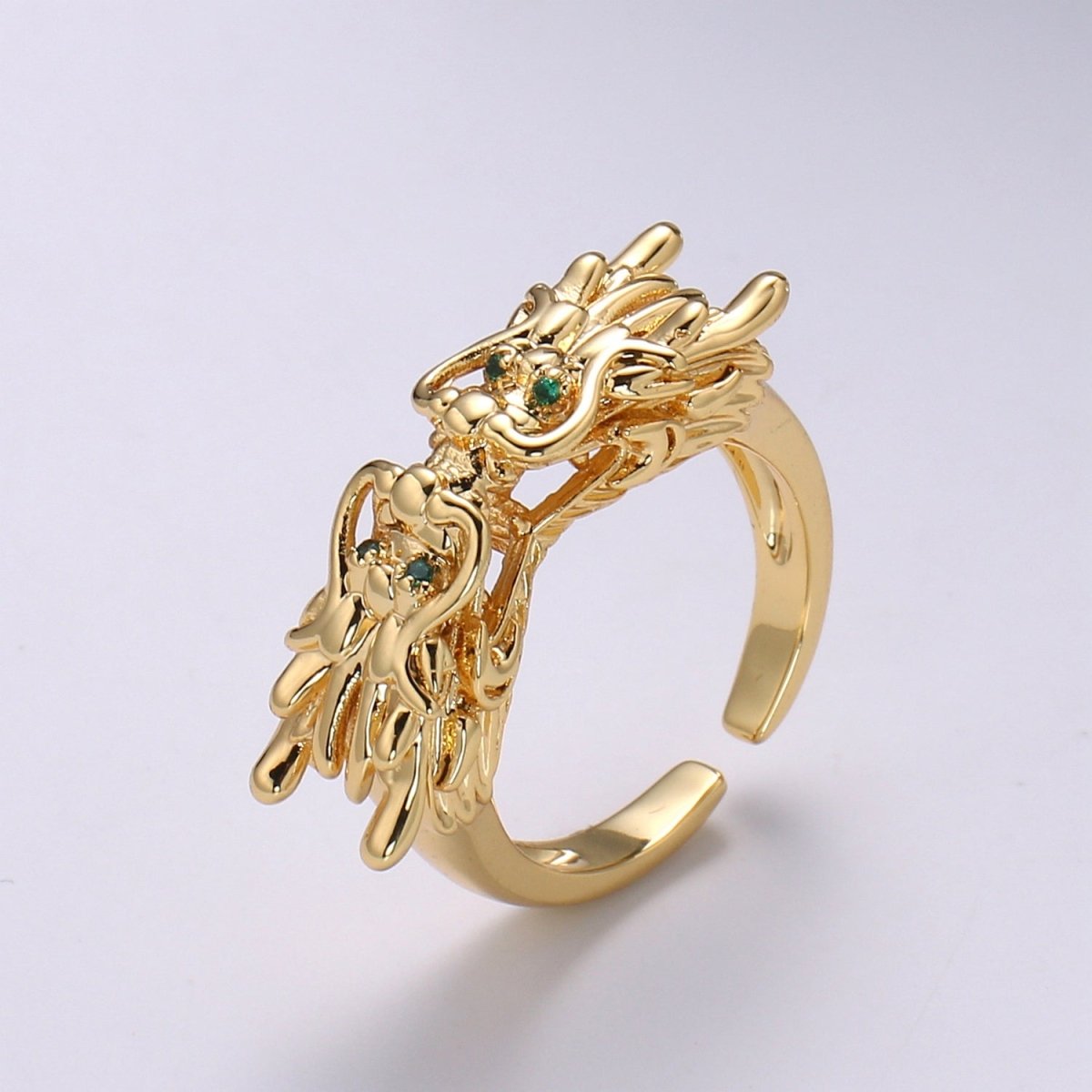 1pc Twin Dragon CZ Pave 24K Gold Ring, Green Eye Dragon Adjustable Gold Ring, Bold Animal Ring, R-435