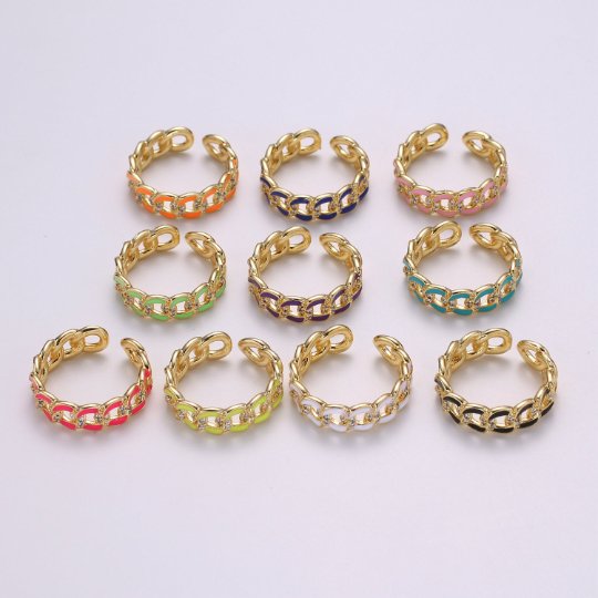 1X CZ Colorful Enamel Rings Gold Curb Chain Statement Ring, Chunky Chain Ring, Stackable Open Adjustable Ring Pink White black Green Yellow