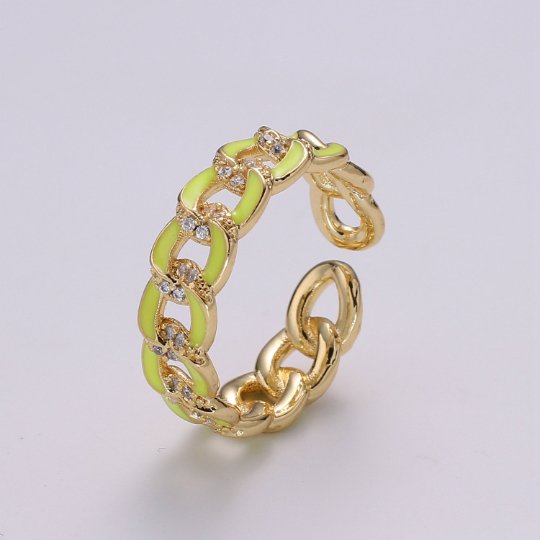 1X CZ Colorful Enamel Rings Gold Curb Chain Statement Ring, Chunky Chain Ring, Stackable Open Adjustable Ring Pink White black Green Yellow