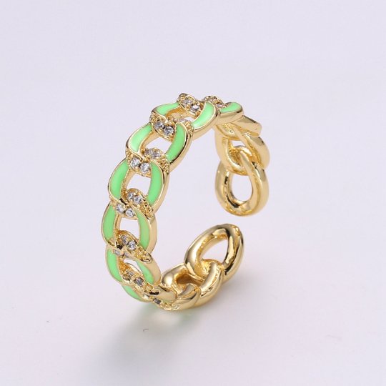 1X CZ Colorful Enamel Rings Gold Curb Chain Statement Ring, Chunky Chain Ring, Stackable Open Adjustable Ring Pink White black Green Yellow