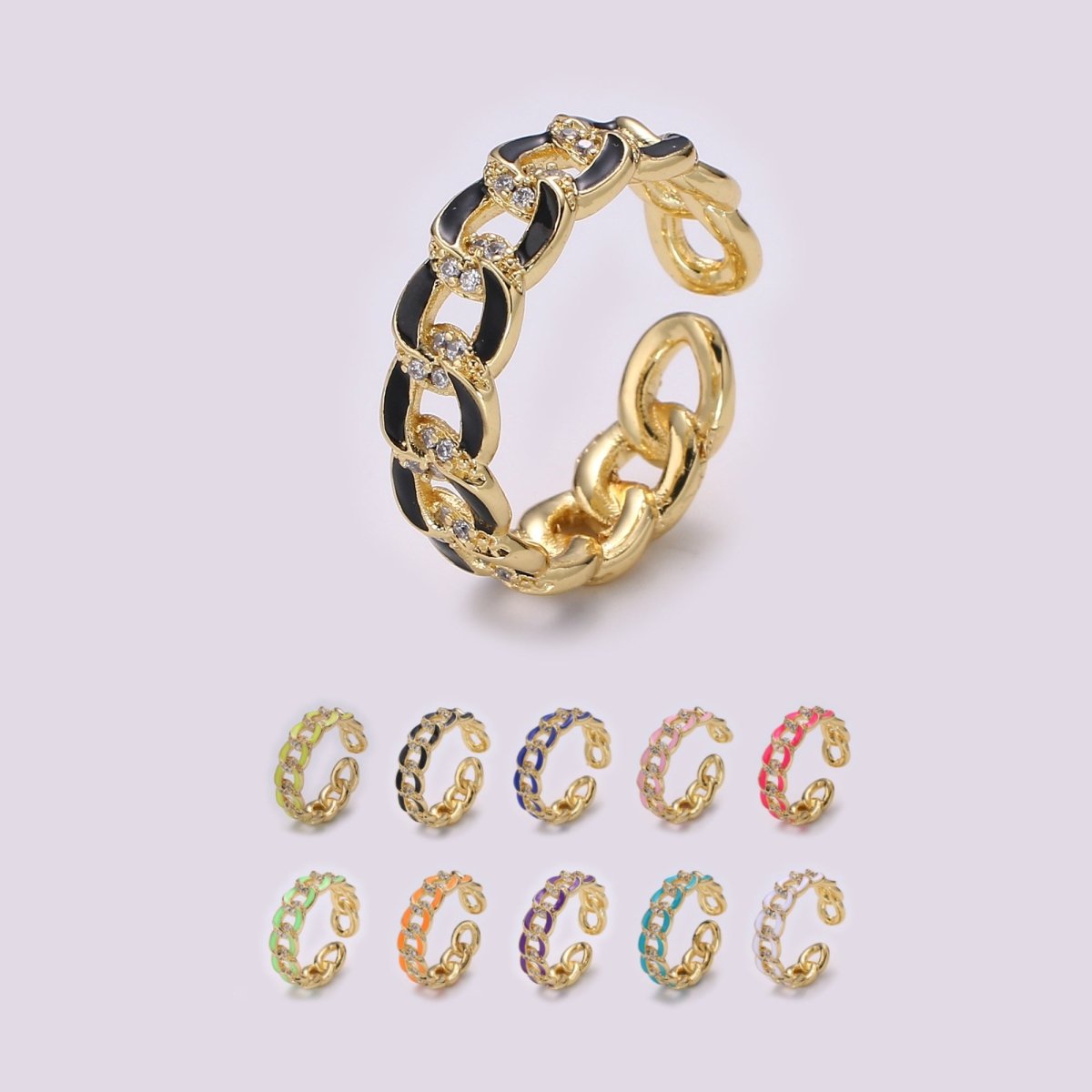 1X CZ Colorful Enamel Rings Gold Curb Chain Statement Ring, Chunky Chain Ring, Stackable Open Adjustable Ring Pink White black Green Yellow