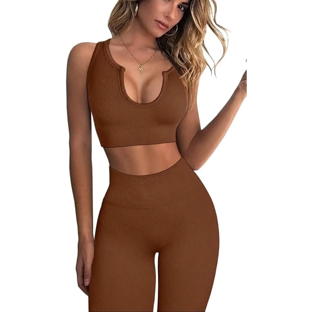2-Piece Set: Ribbed Seamless Crop Tank High Waist Yoga Leggings