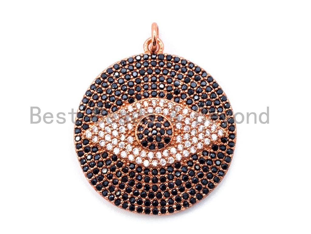 CZ Micro Pave Black Evil Eye on Disc Round Charm/Pendant, Black CZ in Black/Gold/Silver Finish, 40mm,Sku#L3