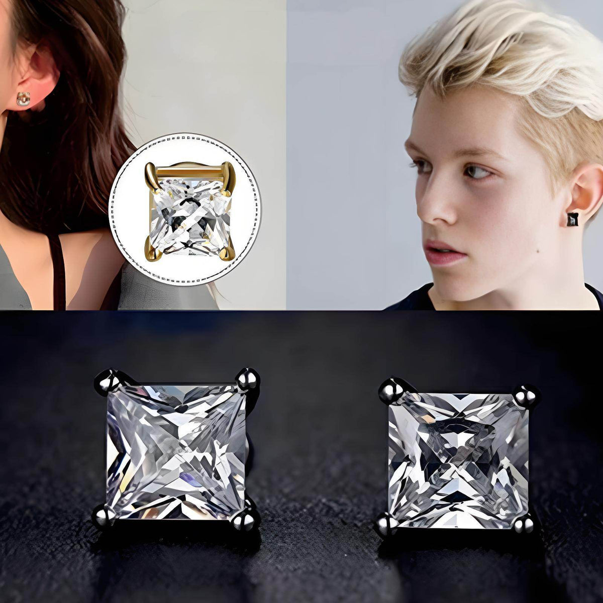 Magnetic Princess Cut CZ Stud Earrings for Men Women, Non-Piercing Clip On Studs, 6/8mm Square Cubic Zirconia Stainless Steel