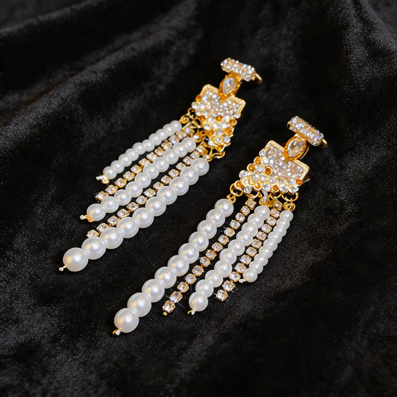 Womens Retro Ethnic Style Rhinestone And Pearl Tassel Stud Earrings,Costume Earrings For Daily Party Wear