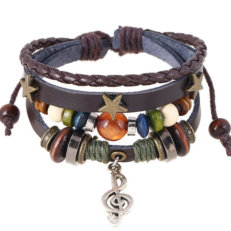 Cross-Border New Jewelry Multi-Layer Beaded Leather Bracelet With Musical Note Pendant, Music Festival Accessories, Hand-Woven