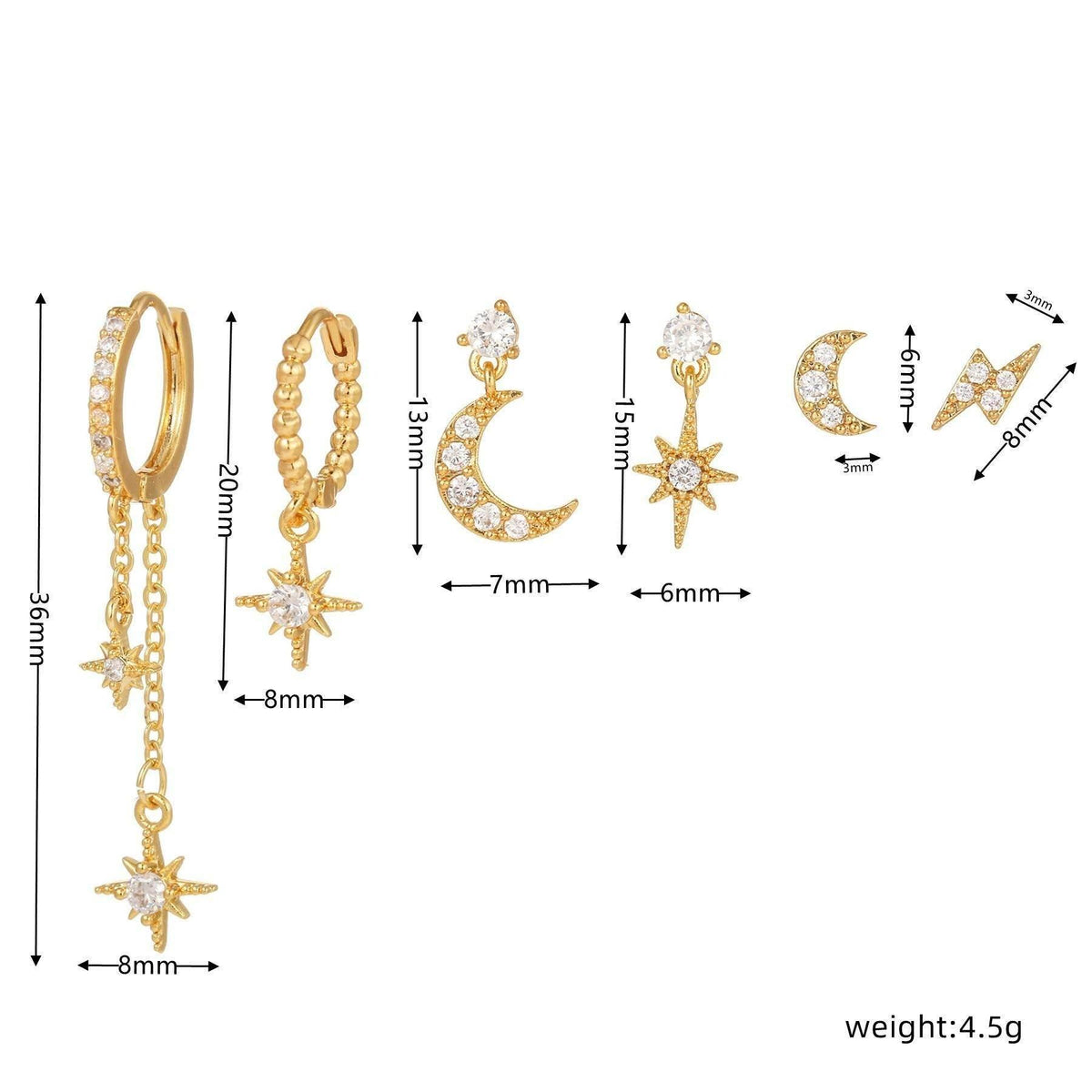 6pcs Celestial Star Moon Earrings Set, S925 Silver Posts, 18K Gold & White Gold Stud Drop Hoop, Stacked Lobe CZ Jewelry Gift Cubic Zirconia