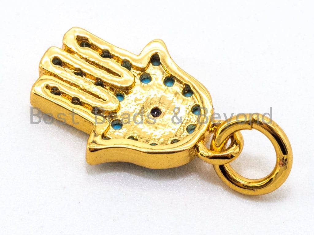 CZ Micro Pave Blue Hamsa Hand Evil Eye Pendant/Charm, Turquoise Cubic Zirconia Pave Bracelet Charms,9x13mm, sku#F339