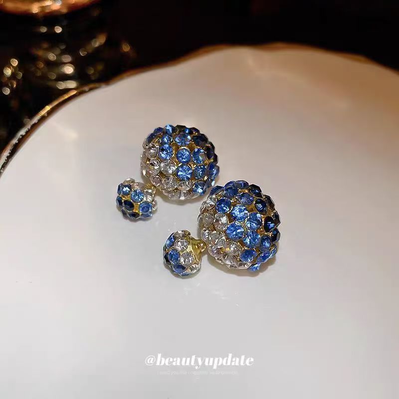 Silver Needle Diamond Round Earrings, Dual-Wear Front & Back, Korean Light Luxury Studs