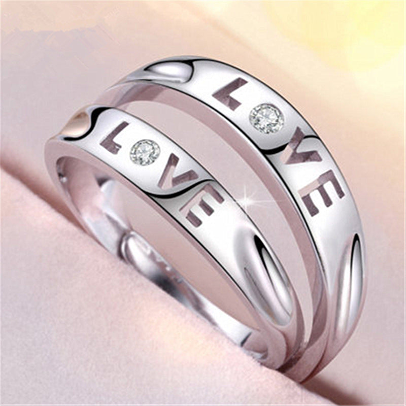 Women's & Men's Temperament Sier Korean Style Creative Opening Marriage Zircon Couple Ring