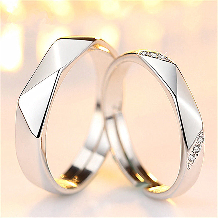 Women's & Men's Temperament Sier Korean Style Creative Opening Marriage Zircon Couple Ring