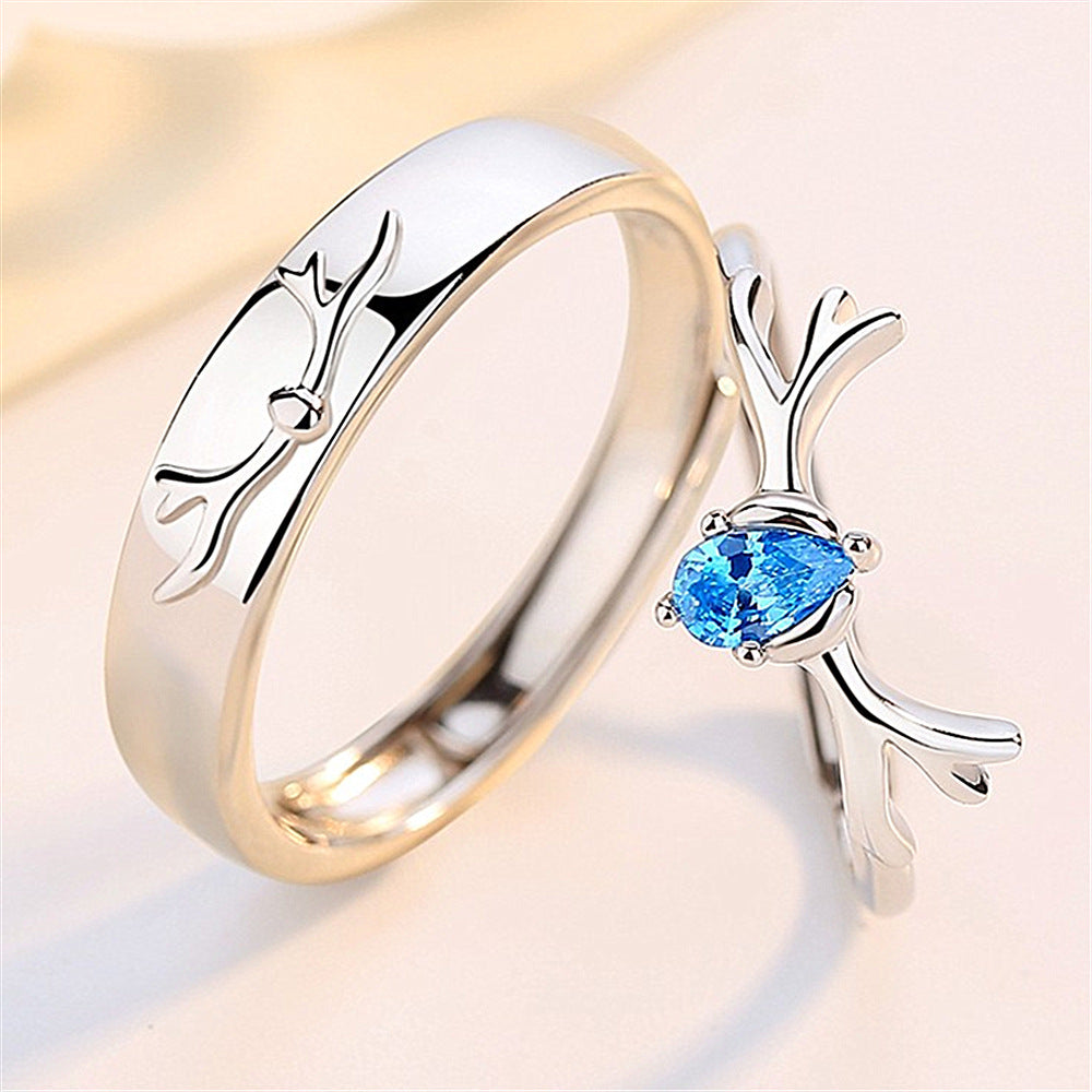 Women's & Men's Temperament Sier Korean Style Creative Opening Marriage Zircon Couple Ring