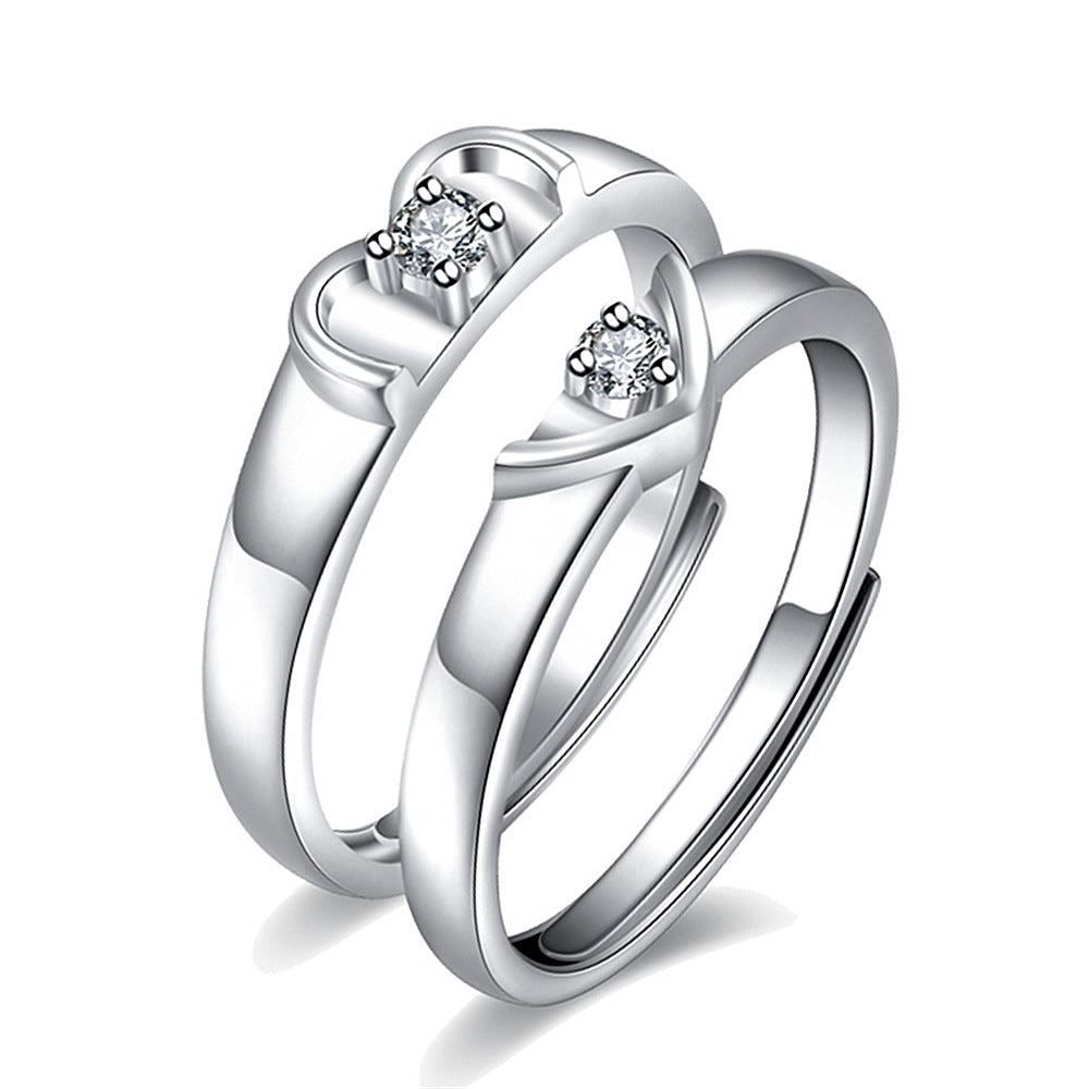 Women's & Men's Temperament Sier Korean Style Creative Opening Marriage Zircon Couple Ring