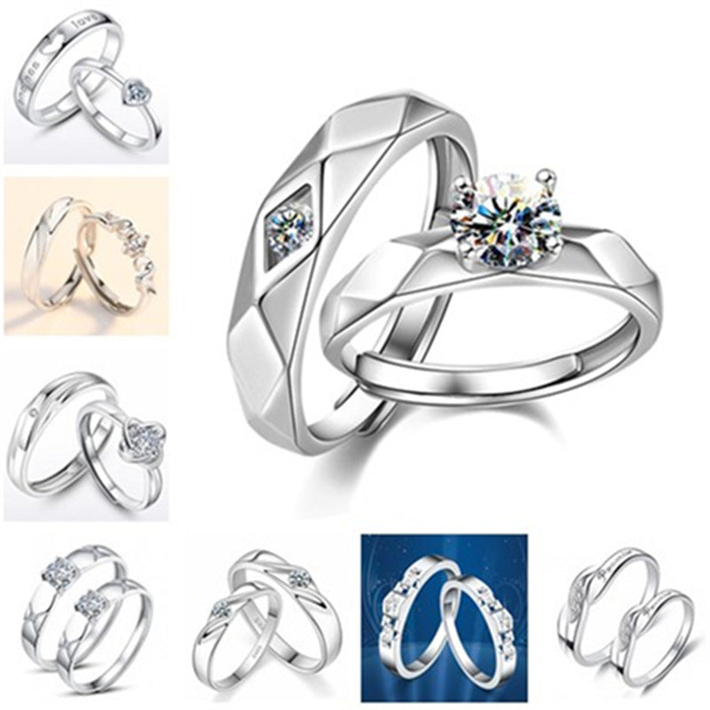 Women's & Men's Temperament Sier Korean Style Creative Opening Marriage Zircon Couple Ring