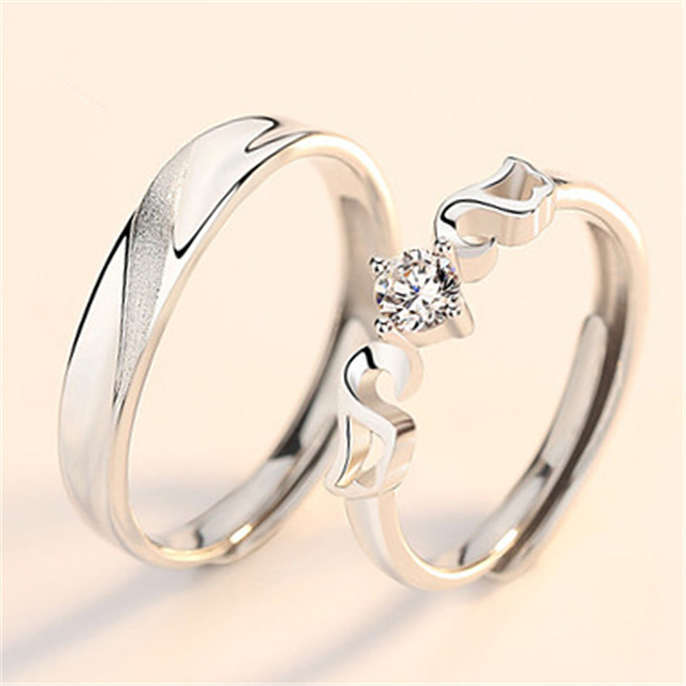 Women's & Men's Temperament Sier Korean Style Creative Opening Marriage Zircon Couple Ring