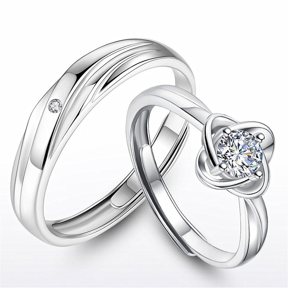 Women's & Men's Temperament Sier Korean Style Creative Opening Marriage Zircon Couple Ring