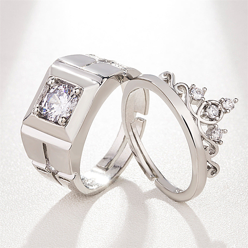 Women's & Men's Temperament Sier Korean Style Creative Opening Marriage Zircon Couple Ring