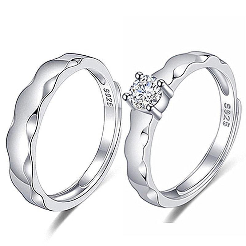 Women's & Men's Temperament Sier Korean Style Creative Opening Marriage Zircon Couple Ring