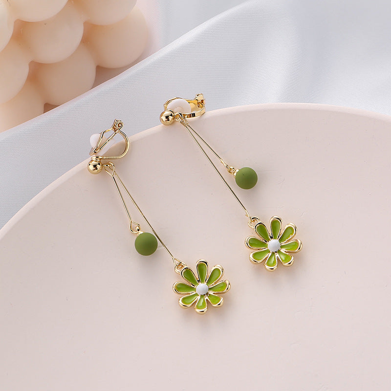 Green Flowers Daisies Fresh Trendy Korean Style Elegant No Ear Clip