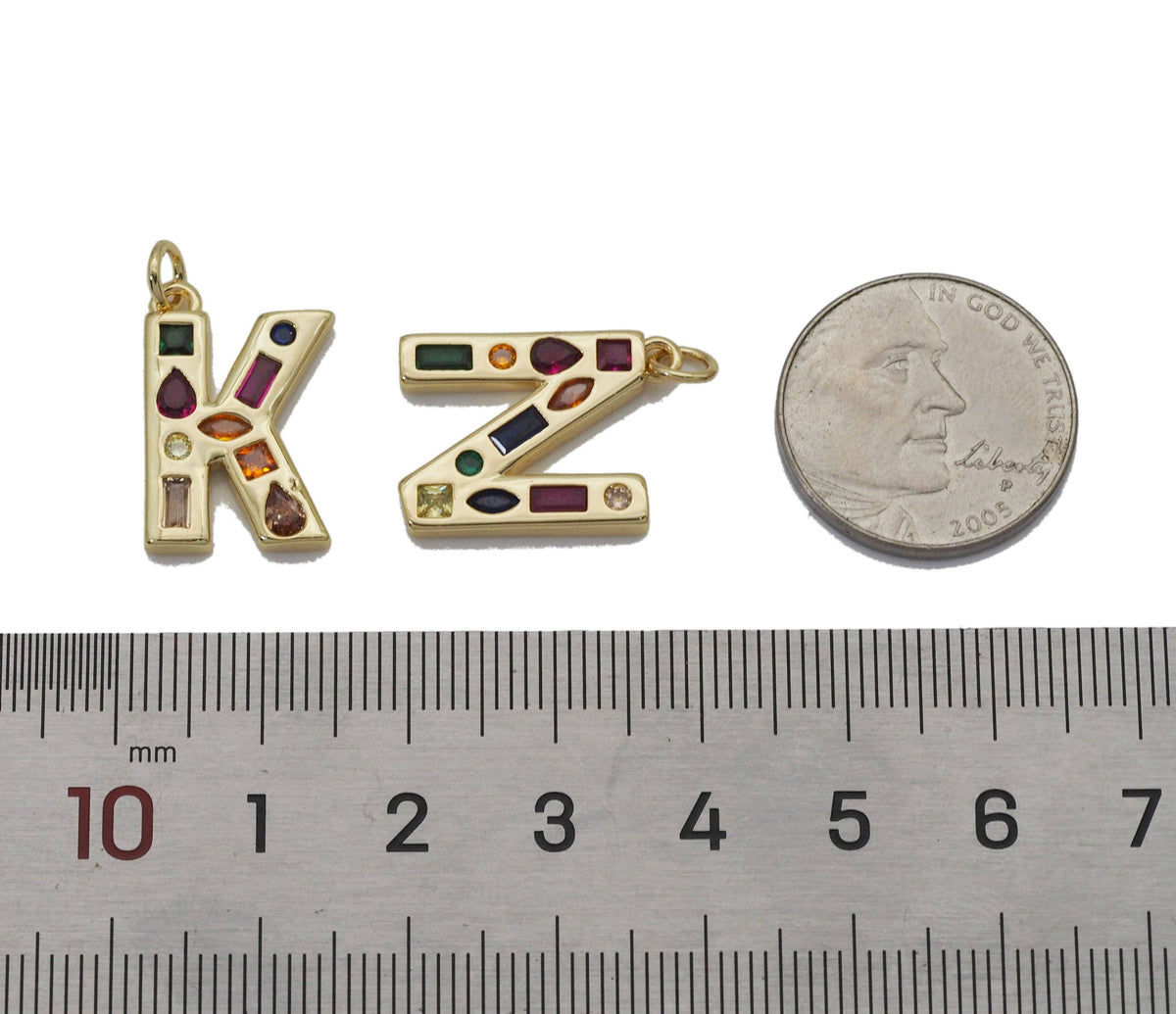 Gold Colorful Baguette CZ Initial Charm, sku#F1524