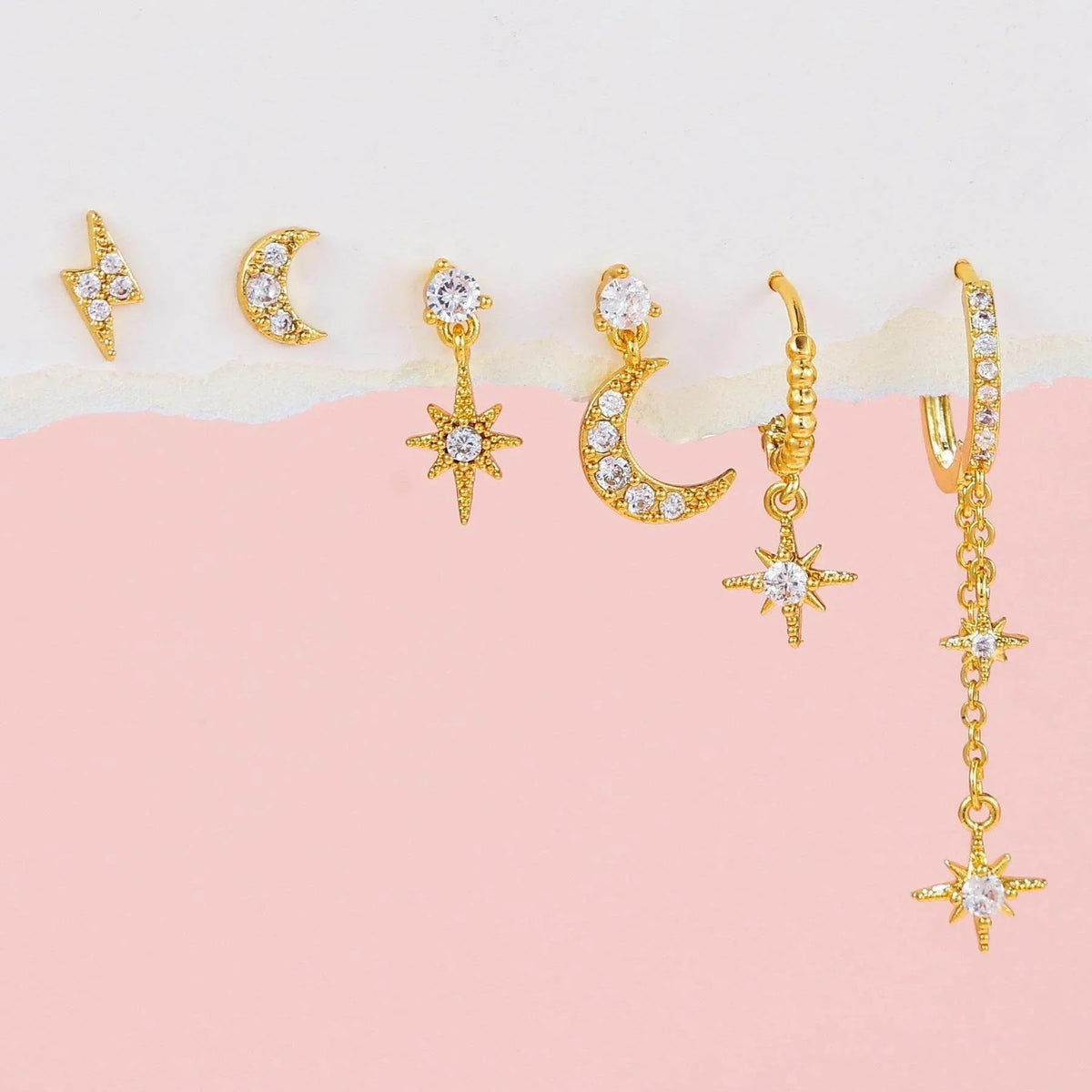 6pcs Celestial Star Moon Earrings Set, S925 Silver Posts, 18K Gold & White Gold Stud Drop Hoop, Stacked Lobe CZ Jewelry Gift Cubic Zirconia
