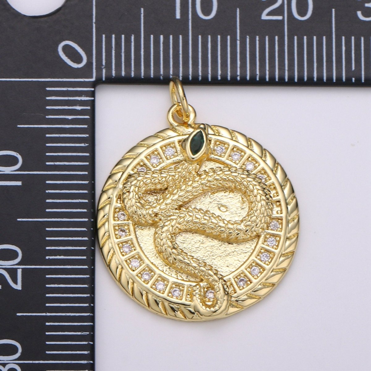 21mm 14k Gold Filled Snake Medallion CZ Pave Snake Charms, Green Eye Serpent Pendant, Micro Pave Snake Charm Coin Disc Snake Medallion D-225