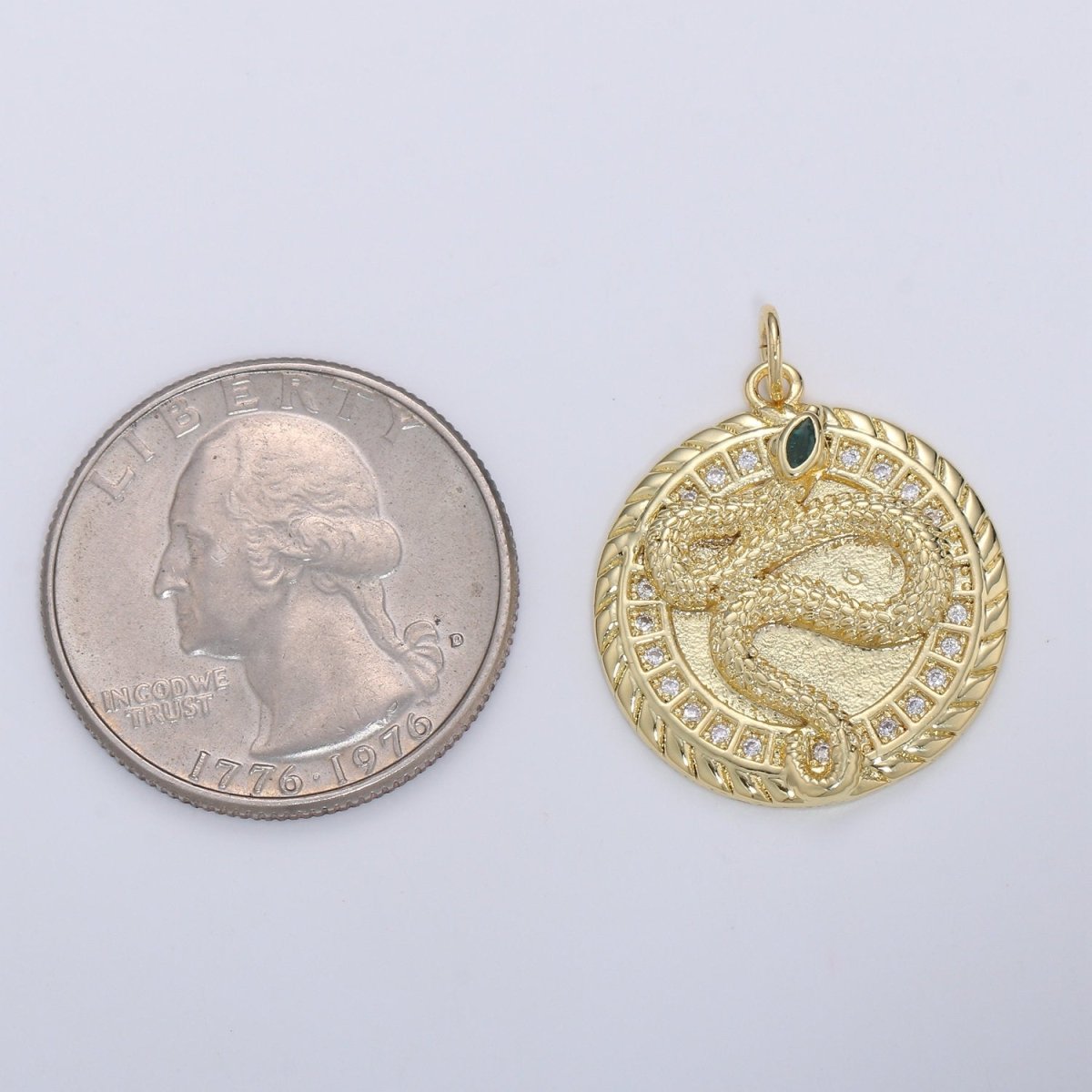 21mm 14k Gold Filled Snake Medallion CZ Pave Snake Charms, Green Eye Serpent Pendant, Micro Pave Snake Charm Coin Disc Snake Medallion D-225